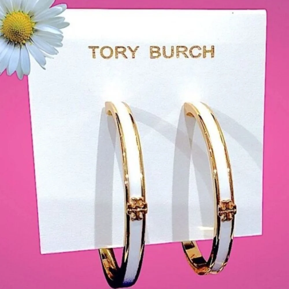 Tory Burch Gold and Cream Hoop Earrings